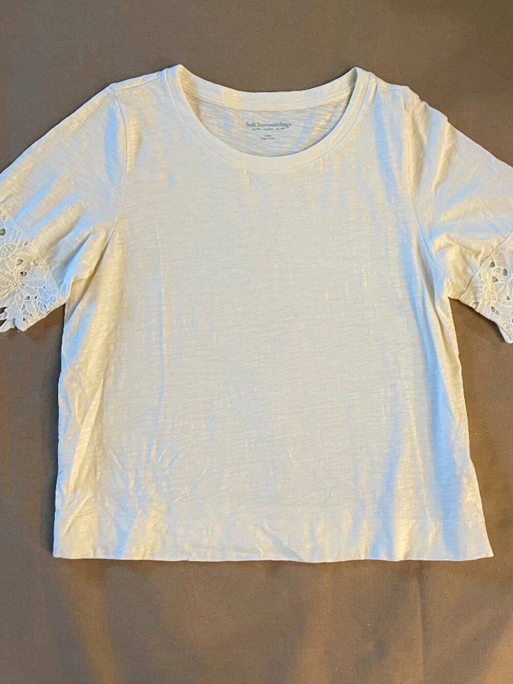 Soft Surroundings T-Shirt Sz L White 100% Cotton Lace Eyelet Boxy BOHO Travel